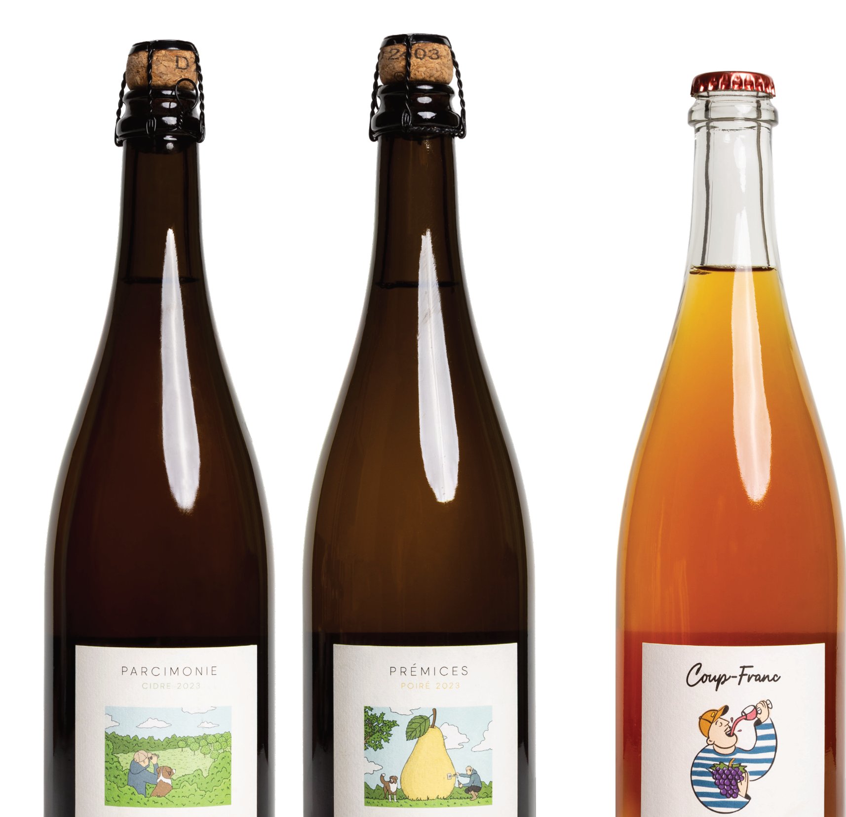 Three Cidermugs cuvées photographed in the studio: Parcimonie, Prémices and Coup-Franc