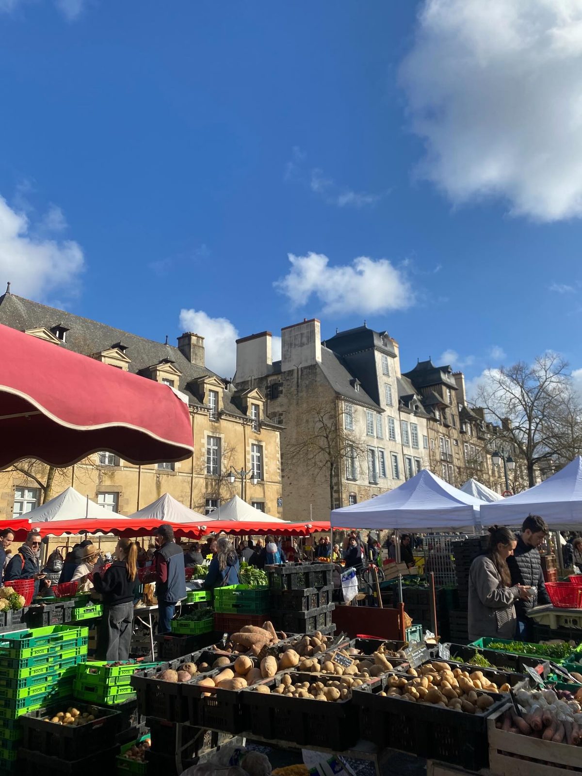 Open-air Saturday market in Rennes - vegetable stalls under red and white awnings against historic stone buildings