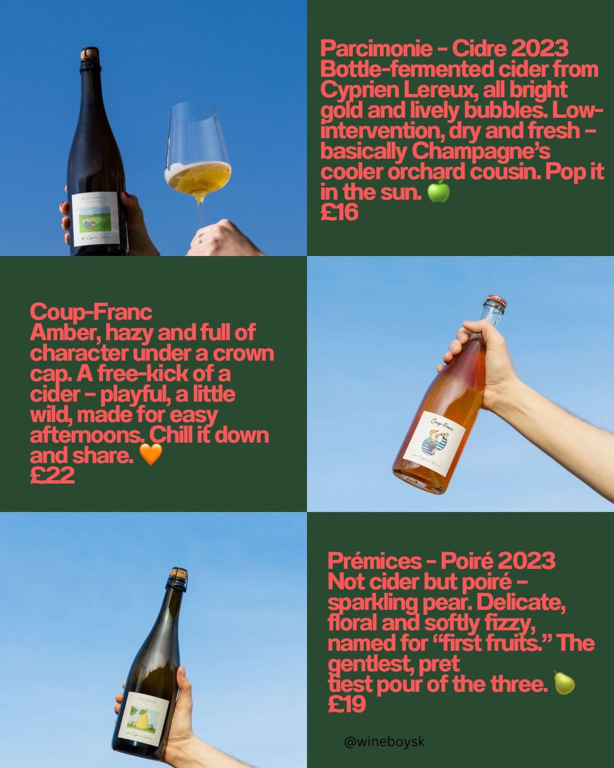 Wineboy's illustrated grid introducing the range: Parcimonie, Coup-Franc and Prémices, each with a photo, tasting note and price