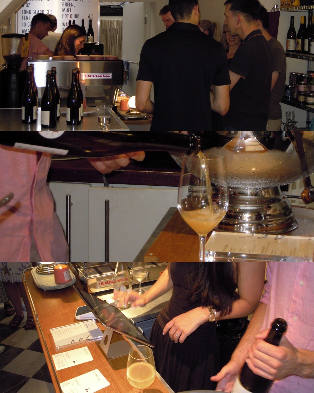 A photo collage from the launch night at Arc: guests gathered at the bar, cider poured into a glass beside the coffee urn, and tasting menus on the counter