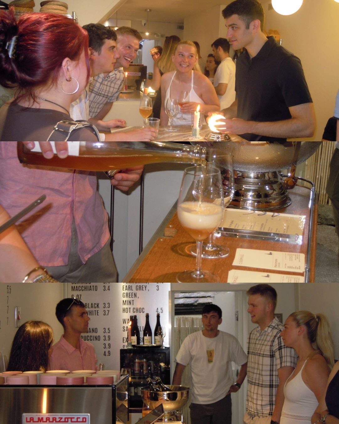 A second collage from the launch: candlelit conversation, a bottle being poured, and guests chatting by the espresso machine