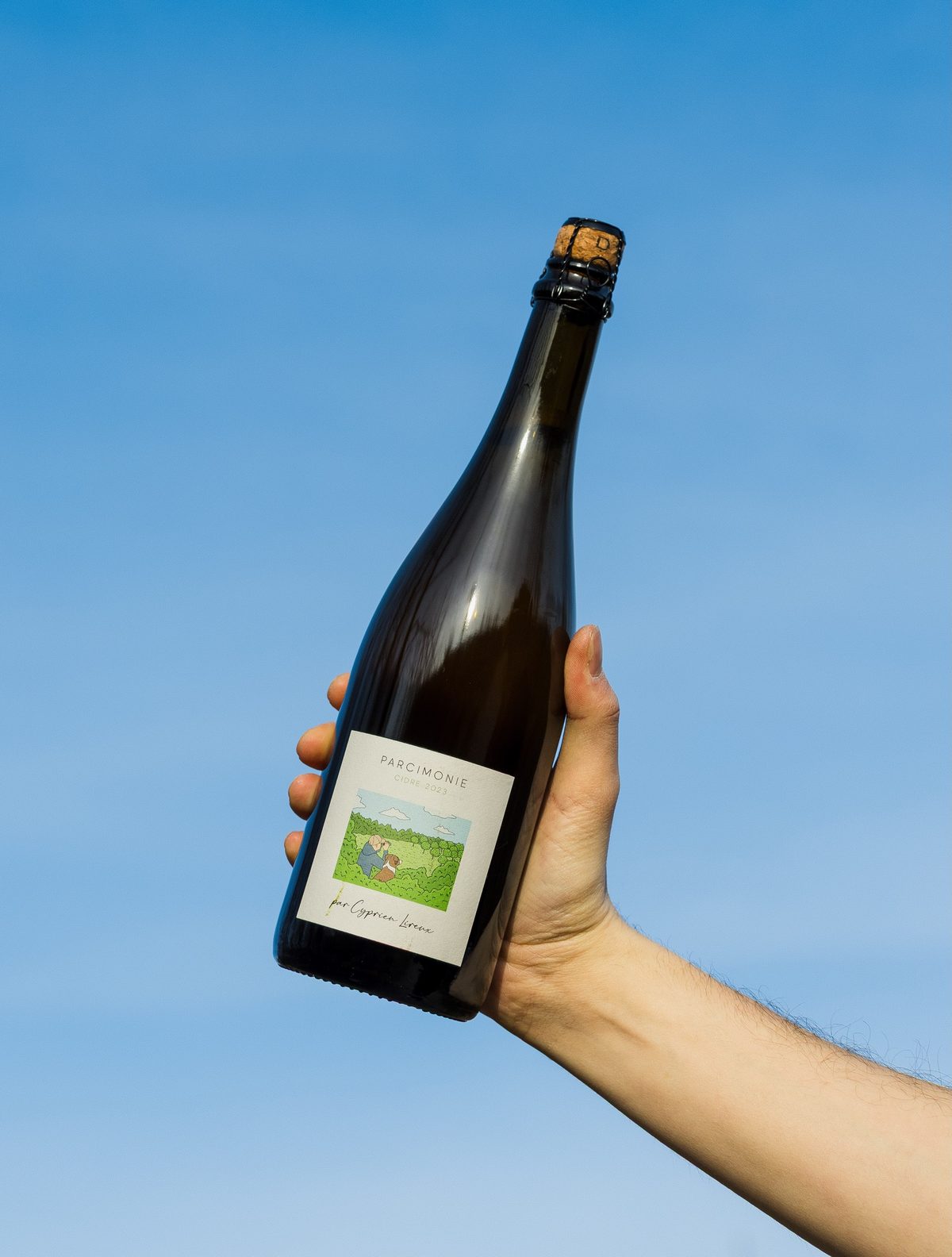 A hand holding a bottle of Parcimonie 2024 up to a clear blue sky