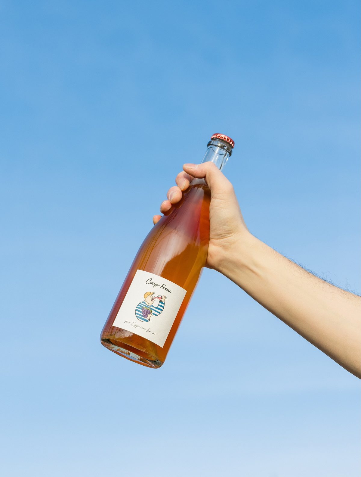 A hand raising a bottle of Coup-Franc against a blue sky