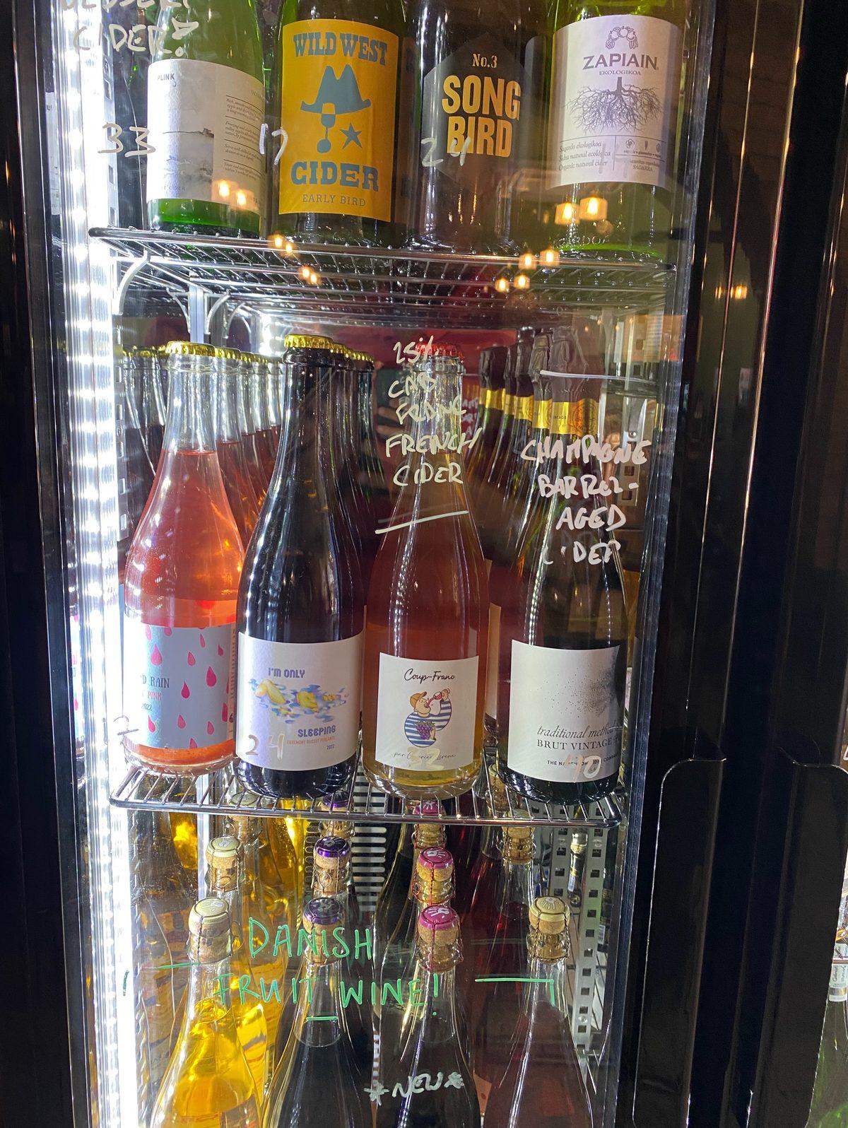 The bottle fridge at The Old Shoe, Coup-Franc among the hand-labelled natural ciders and fruit wines