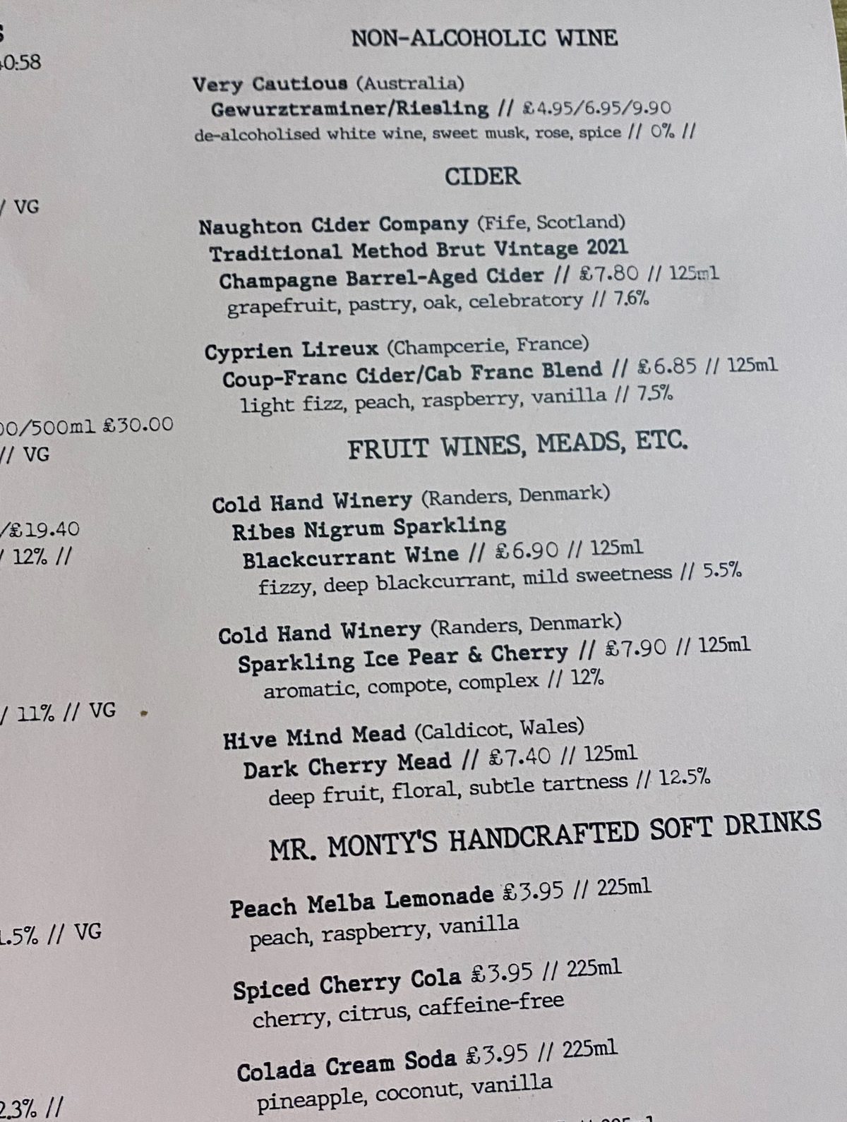 The printed drinks menu listing Cyprien Lireux's Coup-Franc Cider/Cab Franc Blend by the 125ml glass