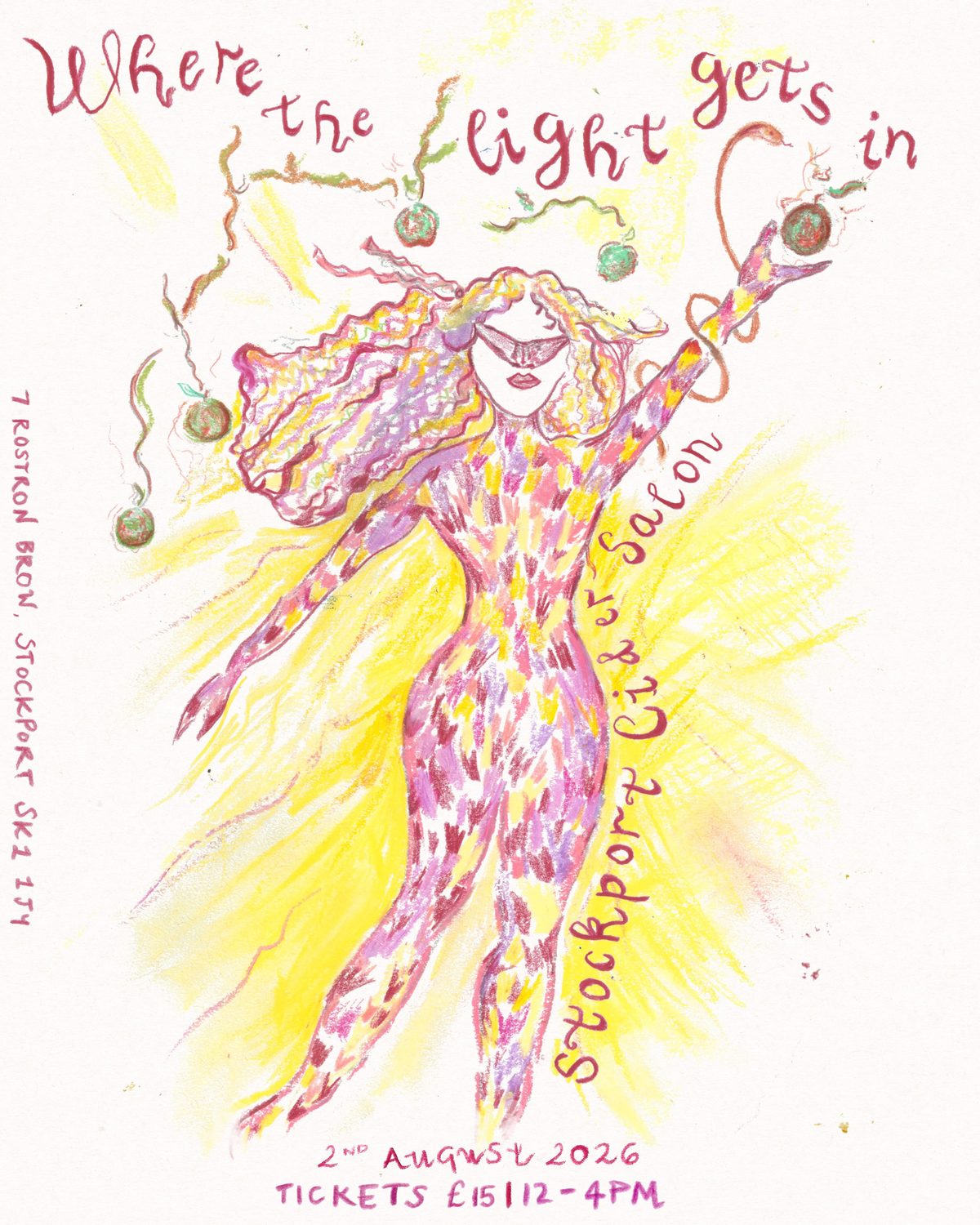 Hand-drawn poster for Stockport Cider Salon at Where The Light Gets In, 7 Rostron Brow, Stockport: 2 August 2026, 12-4pm, tickets £15