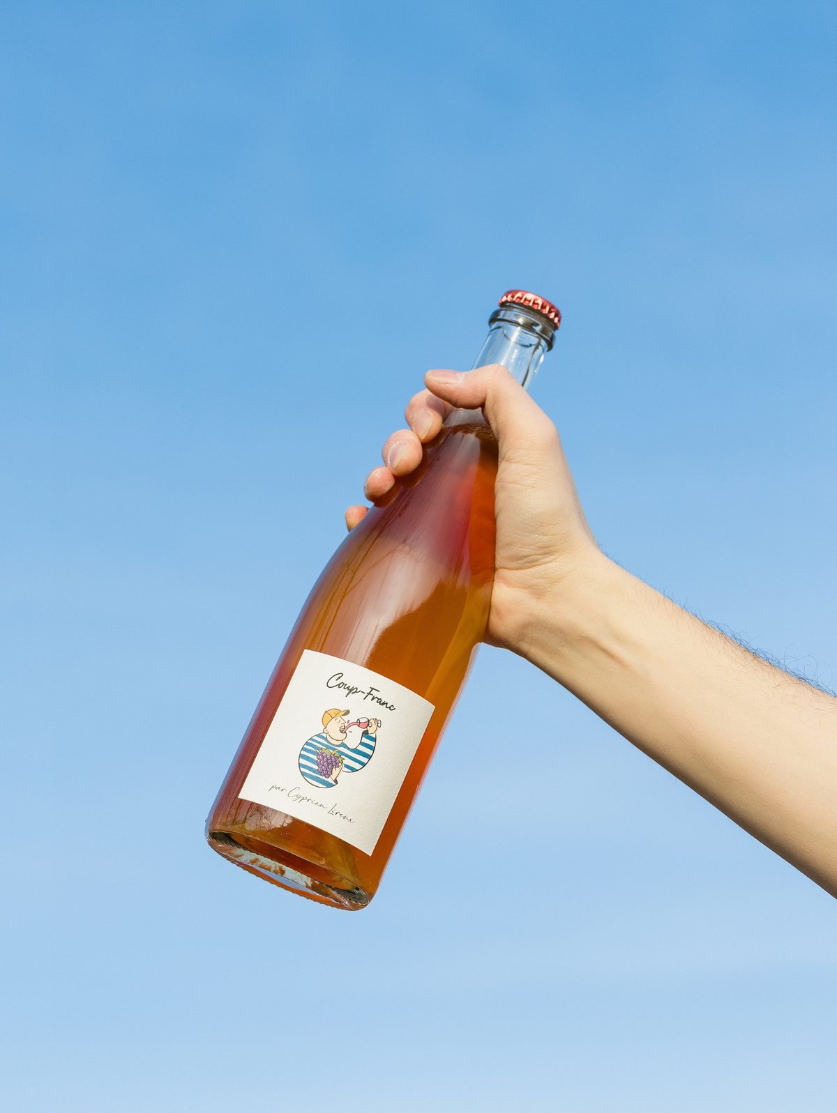 A hand holding a bottle of Coup-Franc aloft against a blue summer sky
